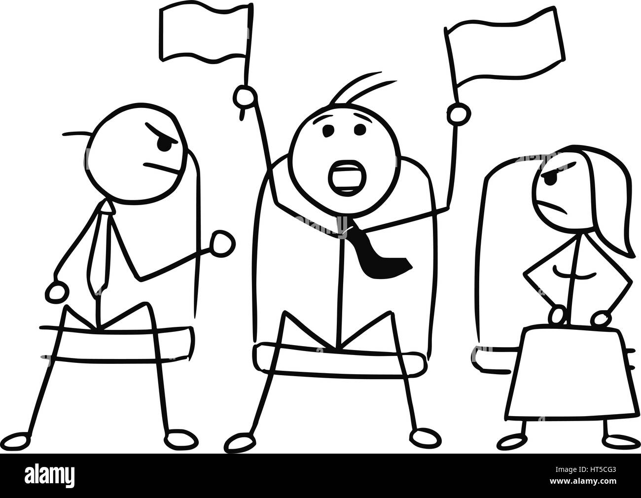 Vettore di Cartoon doodle stickman il teatro o il cinema con le bandiere sventolano e due visualizzatori arrabbiato Illustrazione Vettoriale
