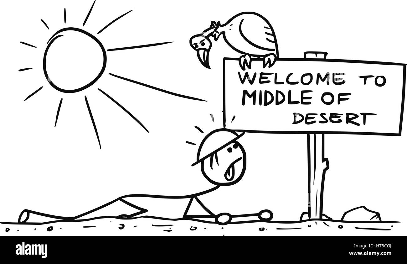 Vettore di Cartoon doodle stickman strisciando sete nel mezzo del deserto incontrano segno Illustrazione Vettoriale