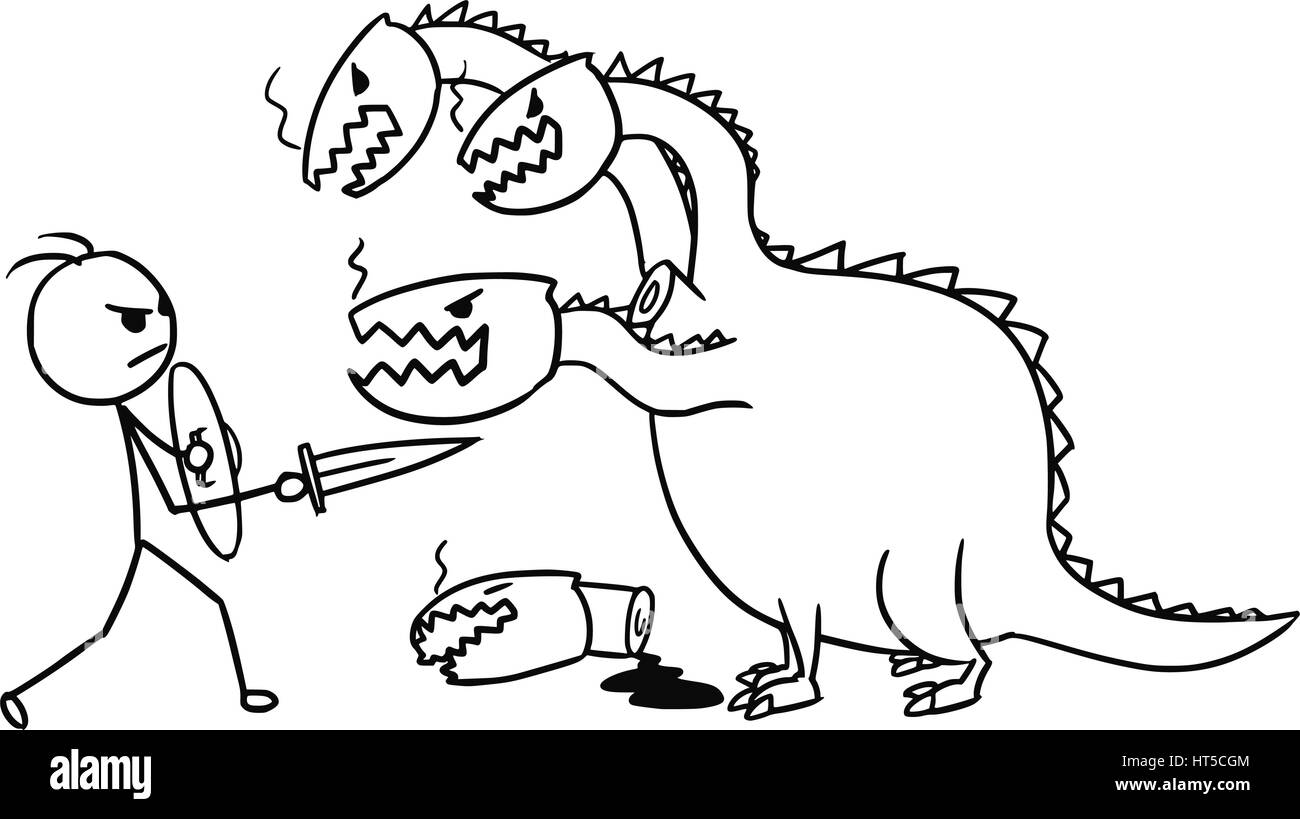 Vettore di Cartoon doodle stickman combattimenti con spada e scudo con quattro intitolata dragon Illustrazione Vettoriale