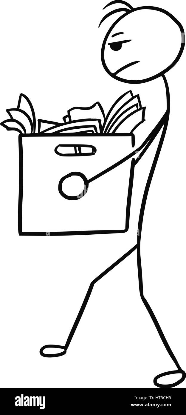 Vettore di Cartoon doodle stickman uomo che porta grande scatola con della carta da ufficio Illustrazione Vettoriale