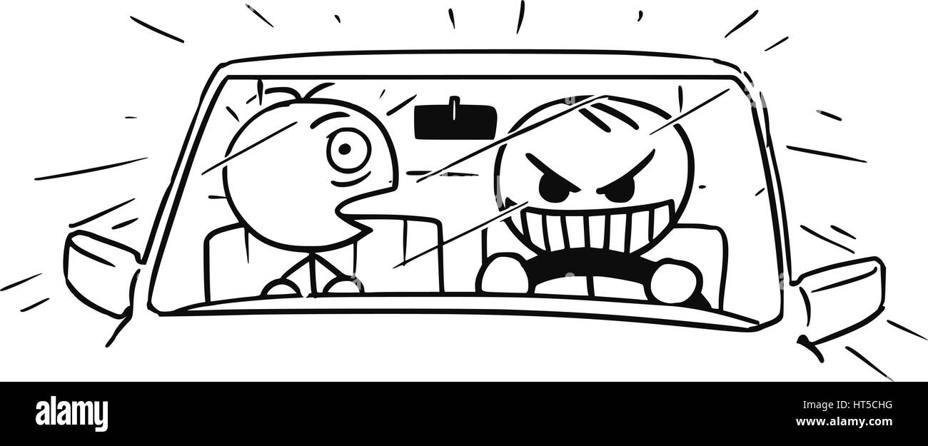 Vettore di Cartoon stickman, crazy driver è pericoloso guidare l'auto, sedile anteriore passeggero è molto spaventato. Illustrazione Vettoriale