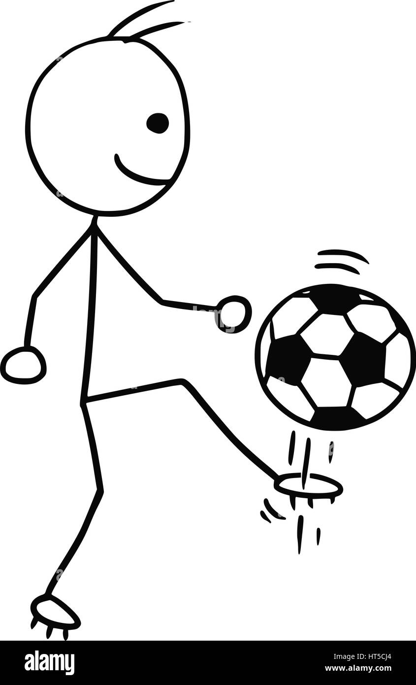 Vettore di Cartoon stickman soccer football player calciare il pallone, shot sul traguardo o pass Illustrazione Vettoriale