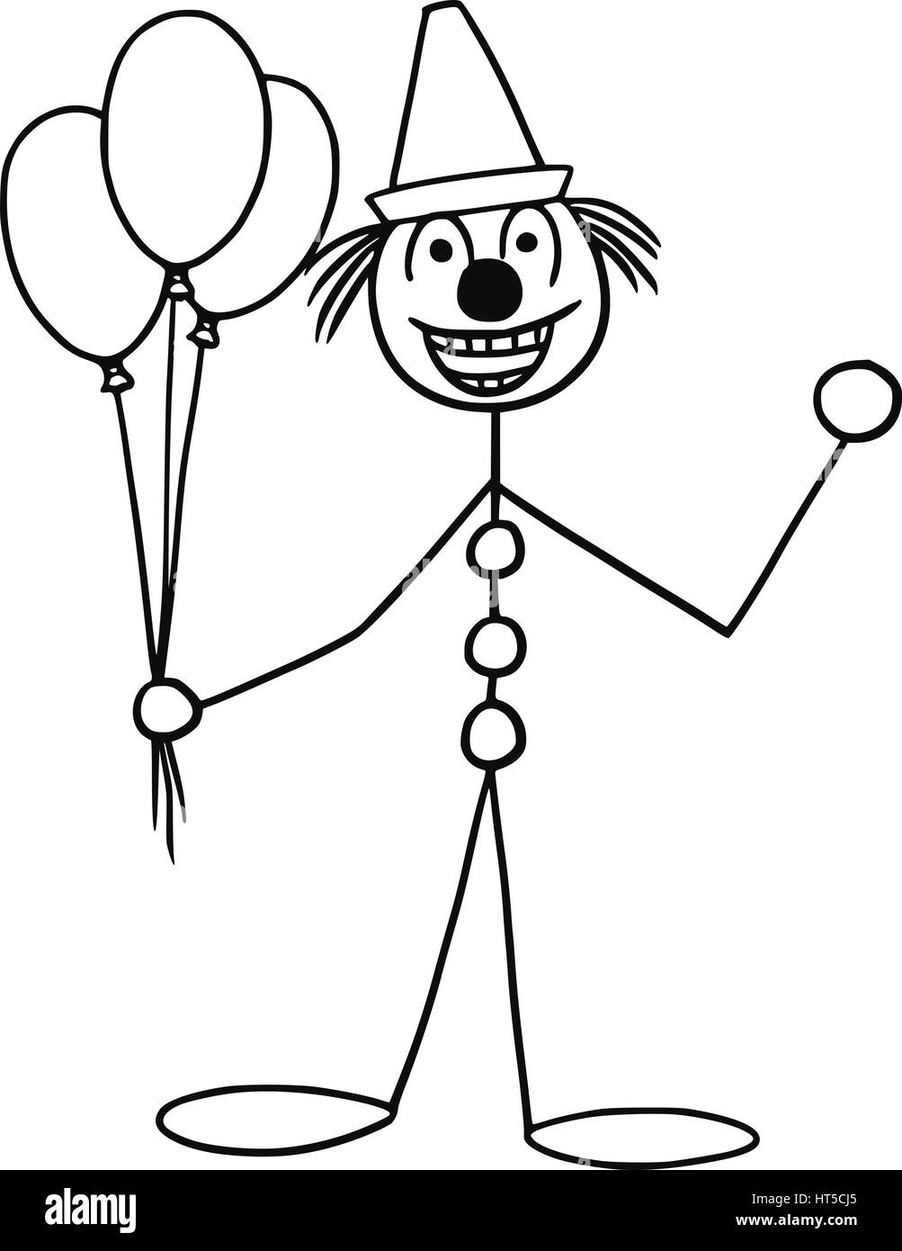 Vettore di Cartoon stickman sorridente partito o circus clown buffone con aria palloncini e cappuccio Illustrazione Vettoriale