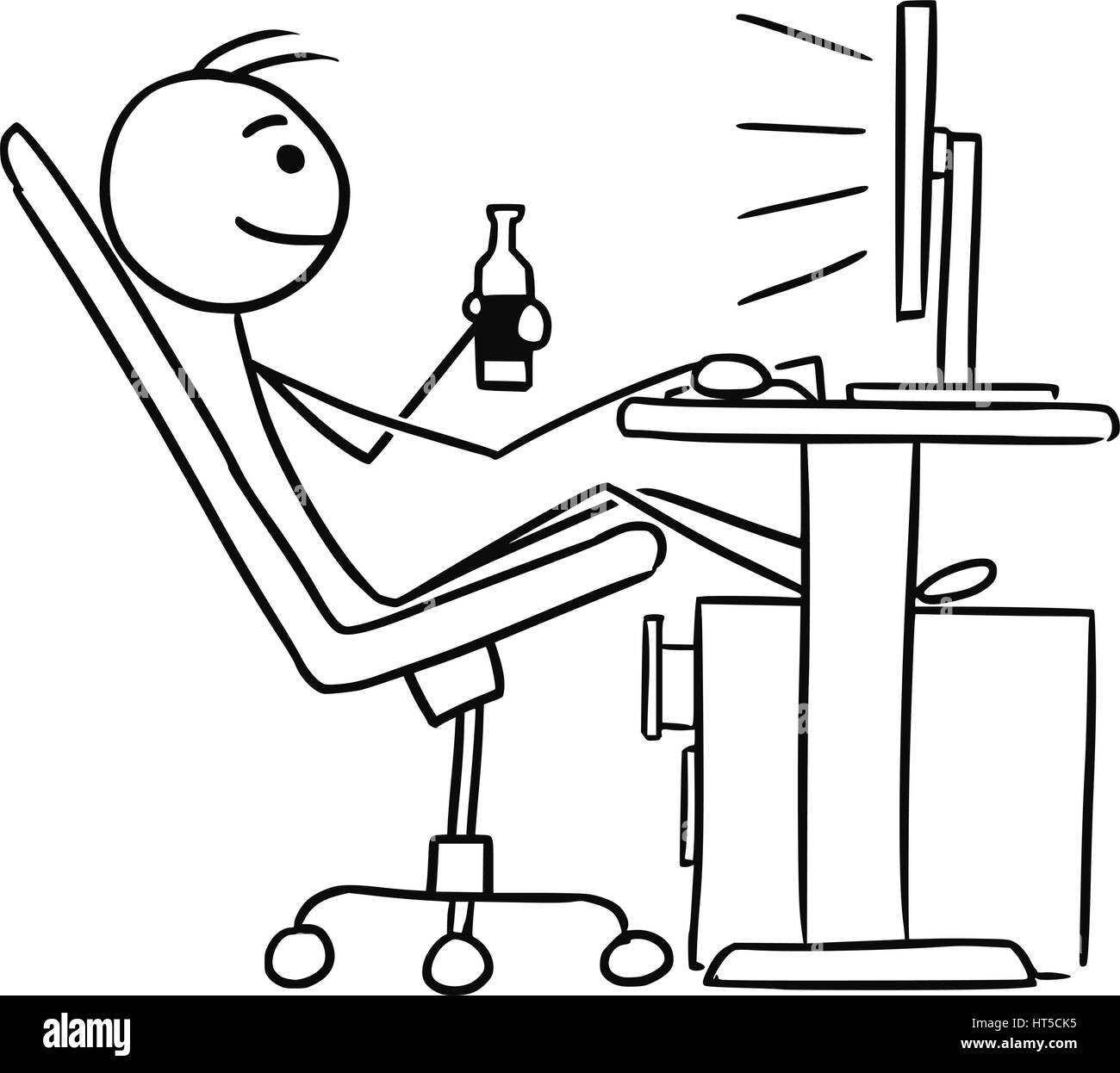 Vettore di Cartoon doodle stickman seduta nel lavoro di fronte allo schermo del computer gambe e godendo della birra Illustrazione Vettoriale