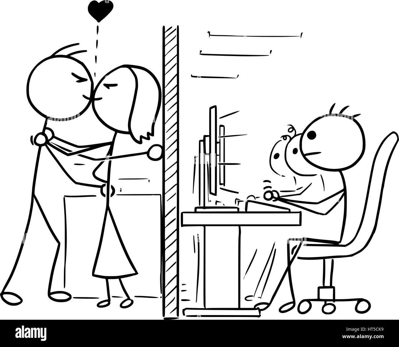 Vettore di Cartoon doodle stickman l uomo e la donna giovane in amore kissing in ufficio, lavoro, lavoro nascosto dalla co-lavoratori Immagine e Vettoriale - Alamy
