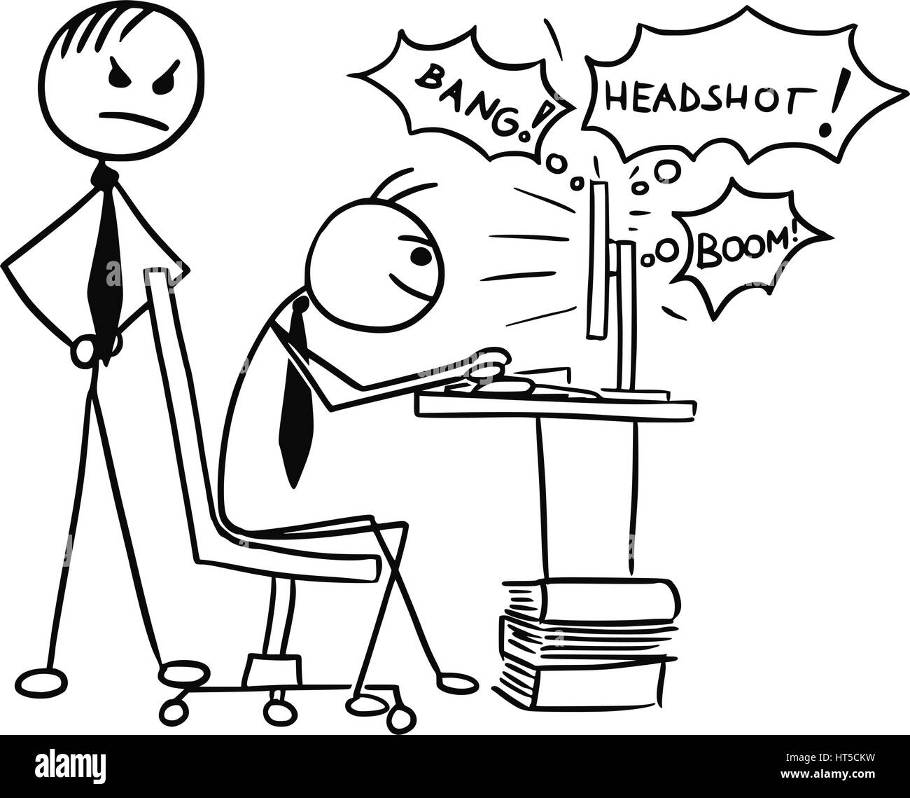 Vettore di Cartoon doodle stickman riproduzione di video gioco sullo schermo del computer durante il processo di lavoro con il boss arrabbiato dietro di lui Illustrazione Vettoriale