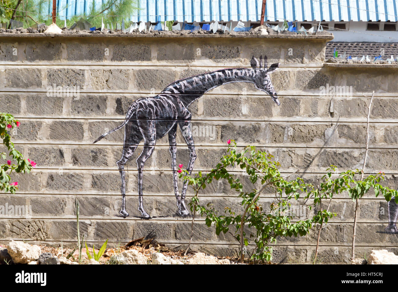 La giraffa disegnare su una parete di blocchi non elaborati nella città di Bamburi in Kenya Foto Stock