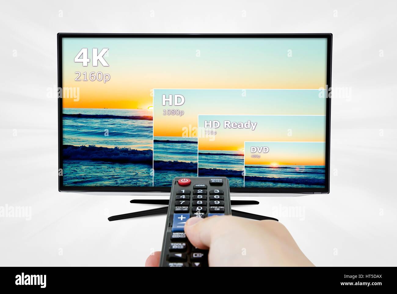 4K di visualizzazione TV con Confronto tra risoluzioni. Telecomando in mano Foto Stock