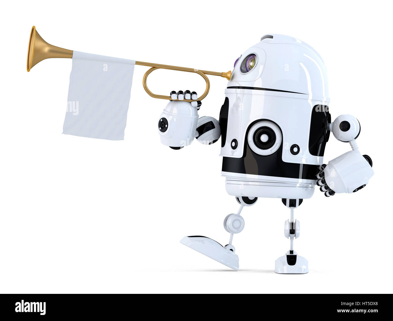 Robot mantiene la tromba con vuoto bandiera bianca. 3D'illustrazione. Isolato. Contiene il percorso di clipping. Foto Stock