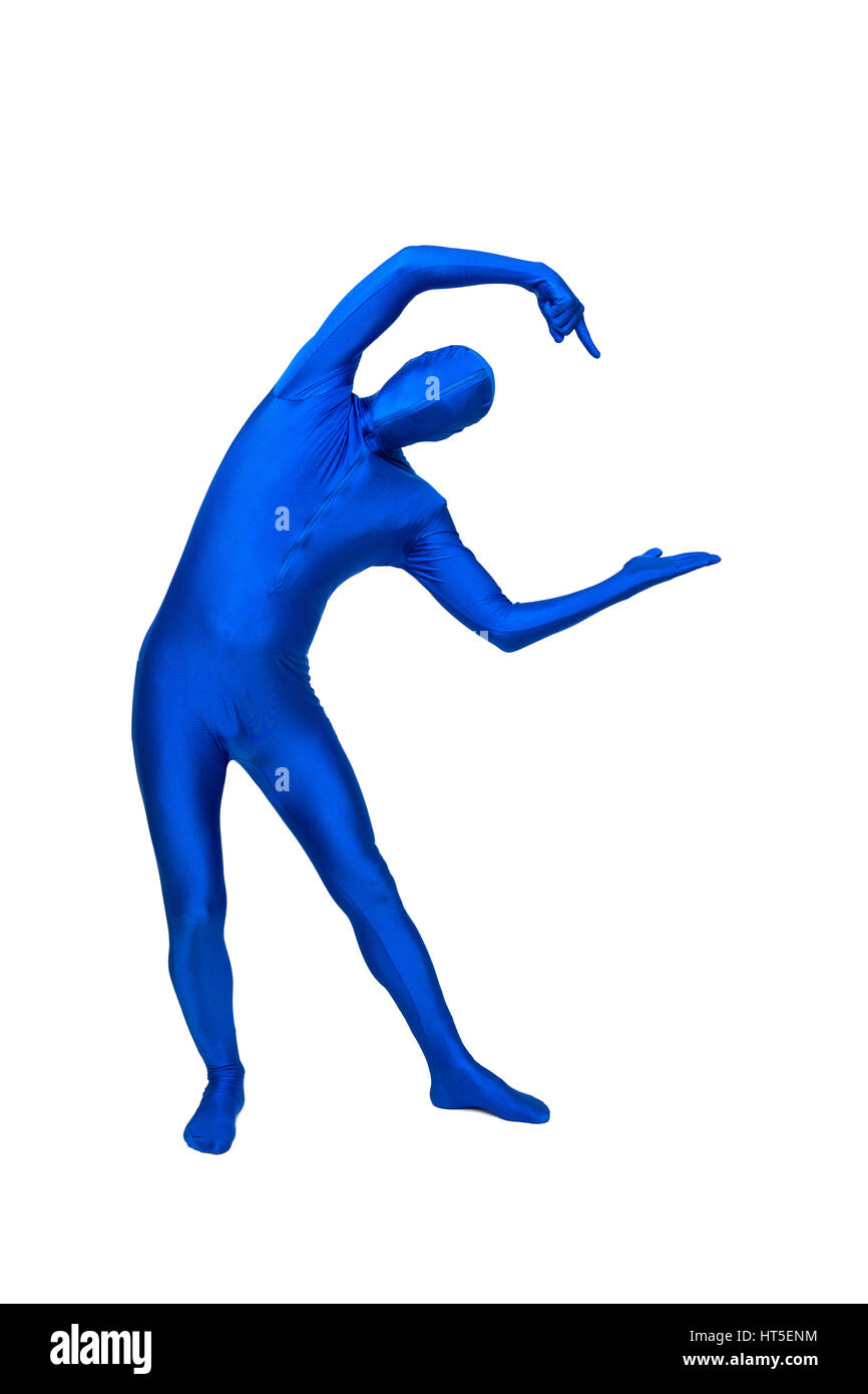 Misterioso uomo blu in morphsuit gesti con le mani Foto Stock