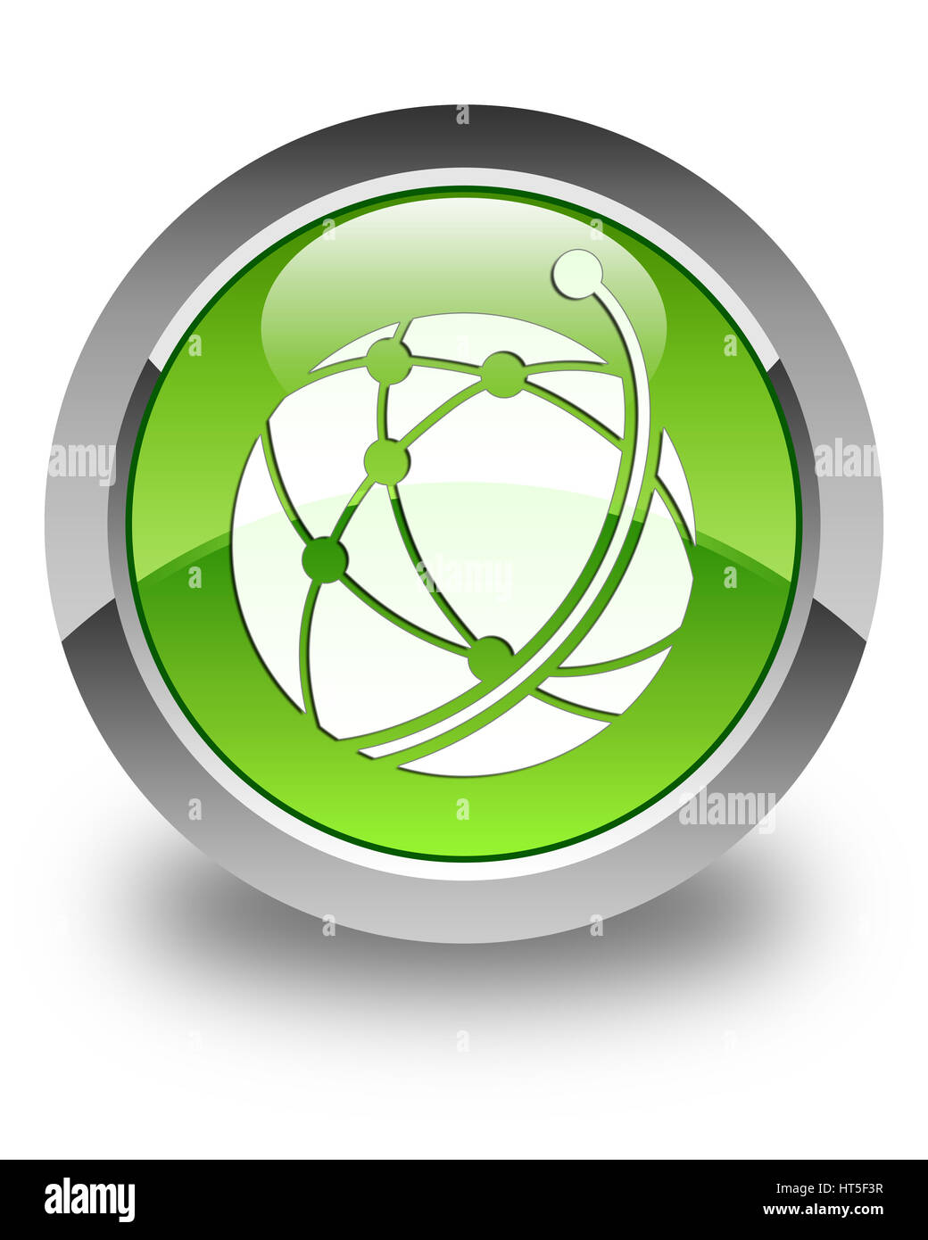 Global icona di rete isolata su carta lucida verde pulsante rotondo illustrazione astratta Foto Stock