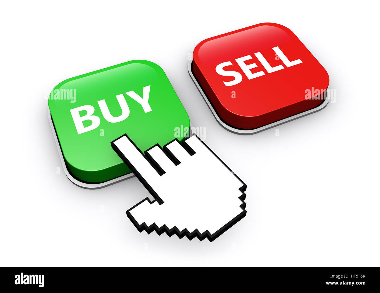 Cursore mano icona facendo clic su acquista o vende il pulsante web 3D'illustrazione. Foto Stock