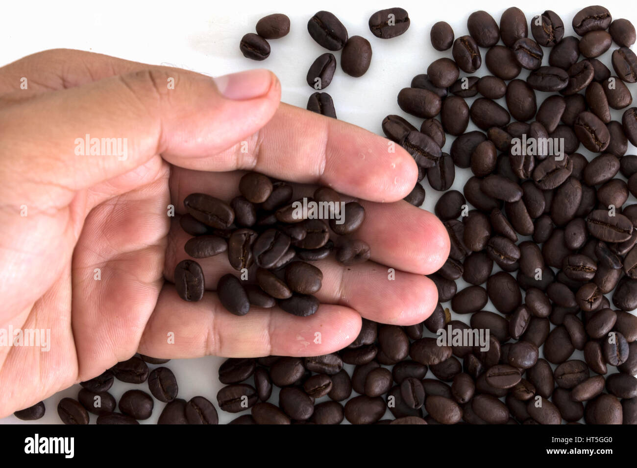Molti i chicchi di caffè a portata di mano su sfondo bianco Foto Stock