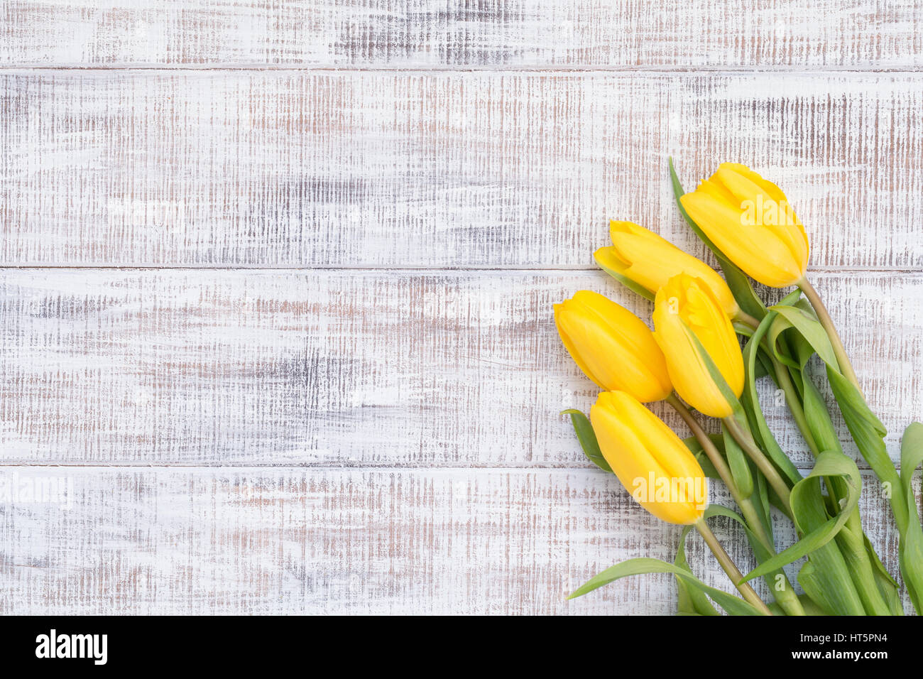 Scheda floreali, floral background: cinque tulipani gialli su vintage bianco sullo sfondo di legno con una copia dello spazio per il tuo testo. Concetto di Pasqua, molla, weddin Foto Stock