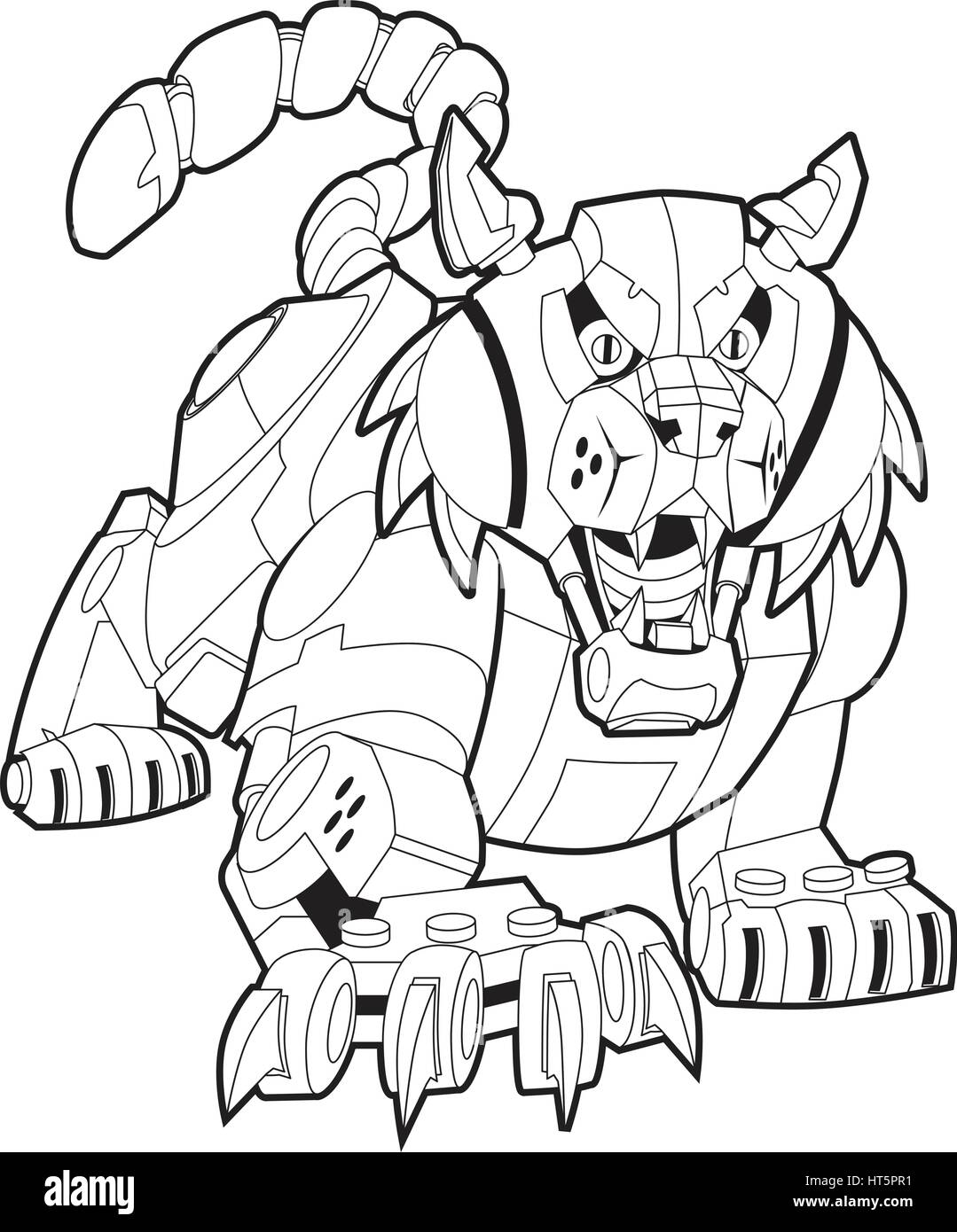Vector cartoon clip art illustrazione di un robot meccanici bobcat o wildcat mascotte stalking la sua preda. Illustrazione Vettoriale