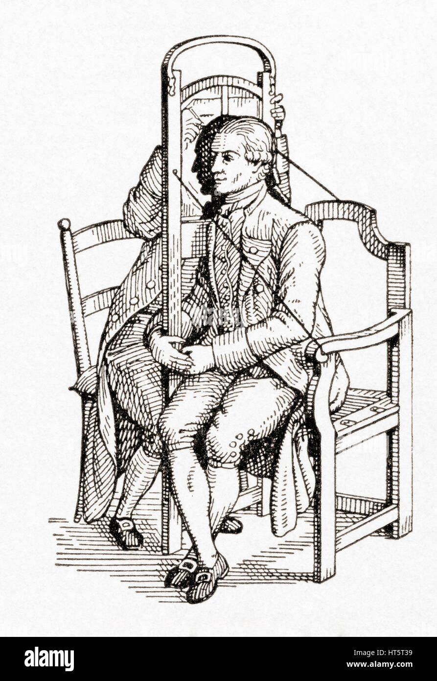 Una silhouette sedia inventato per rendere possibile la copia di un profilo in una sola seduta. Ritratti di taglio, generalmente di profilo, dalla carta nera divenne popolare nella metà del XVIII secolo essendo un economico ma efficace alternativa al ritratto miniatura. Da Meyers lessico, pubblicato nel 1927. Foto Stock