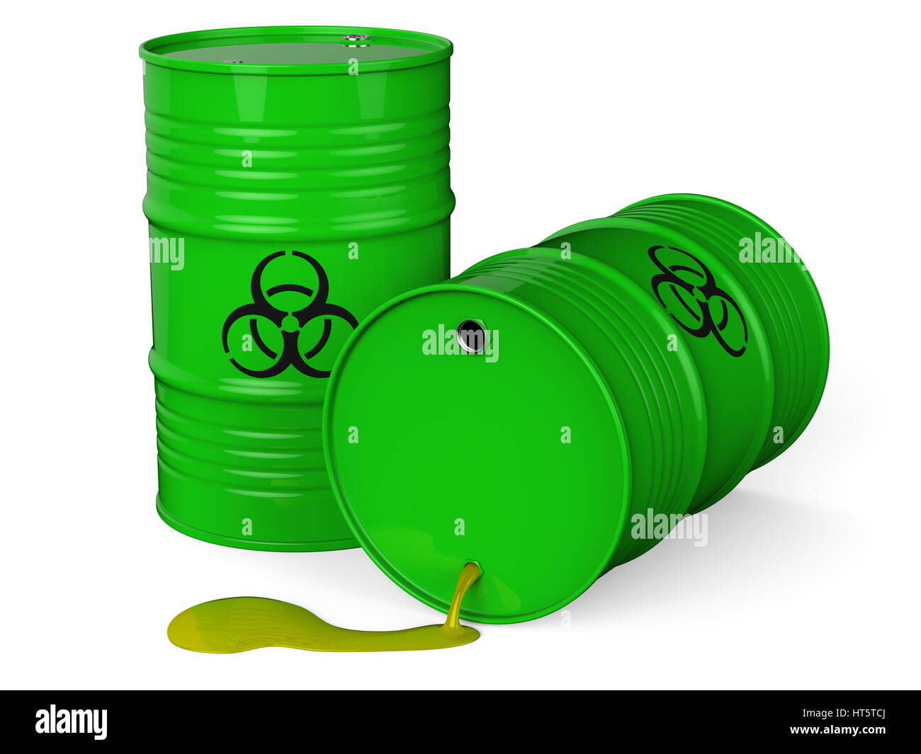 Schizzi di verde di barili con rifiuti tossici isolati su sfondo bianco del rendering 3D Foto Stock