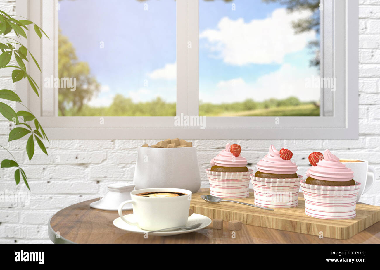Fragola cupcake dessert su tavola con il caffè del mattino in sfocato di mattoni bianchi sullo sfondo della camera, rendering 3D Foto Stock