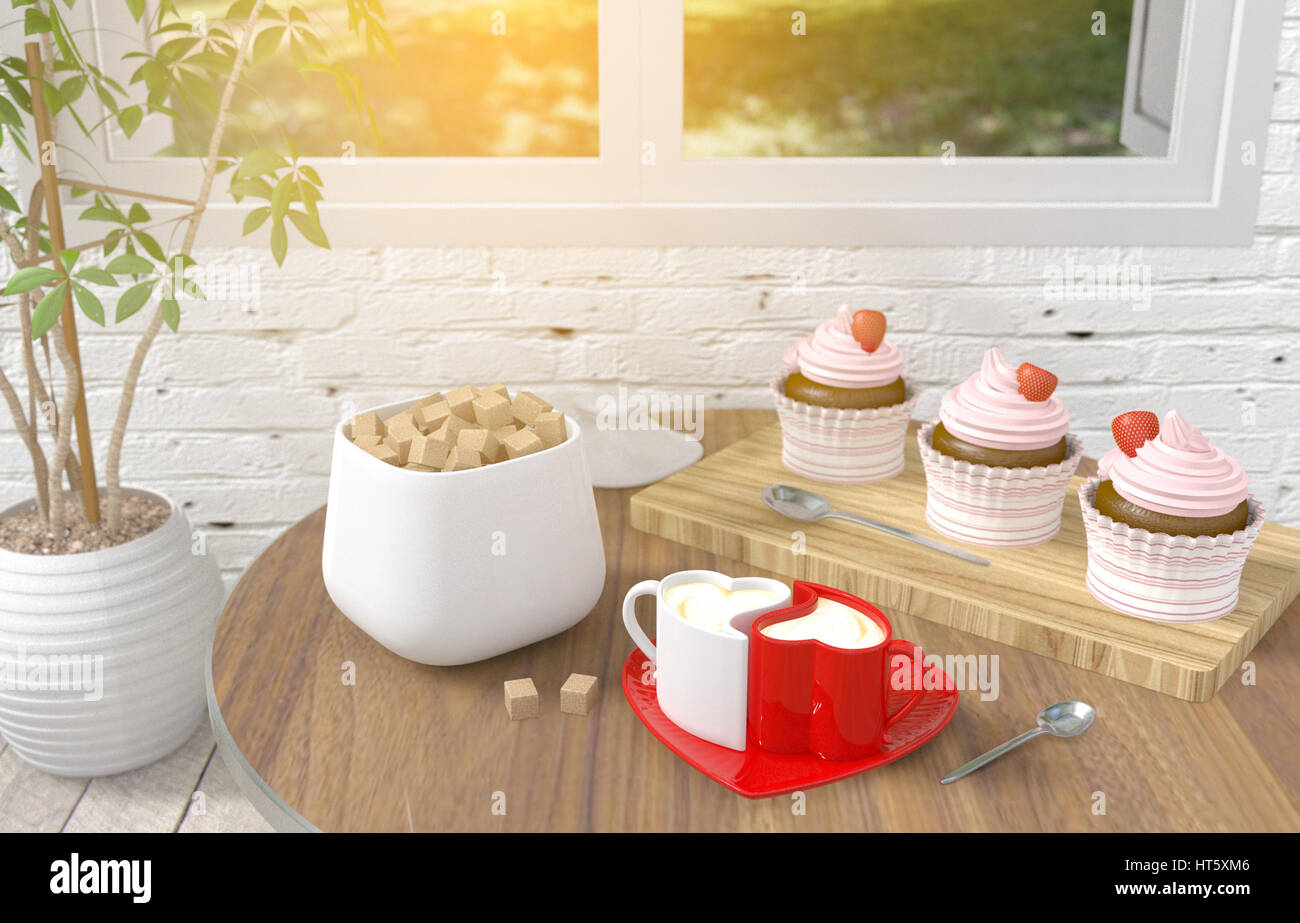 Giovane cuore cappuccino tazze da caffè con fragola cupcake dessert su tavola in sfocato di mattoni bianchi sullo sfondo della camera, il concetto di amore e di coppia Foto Stock
