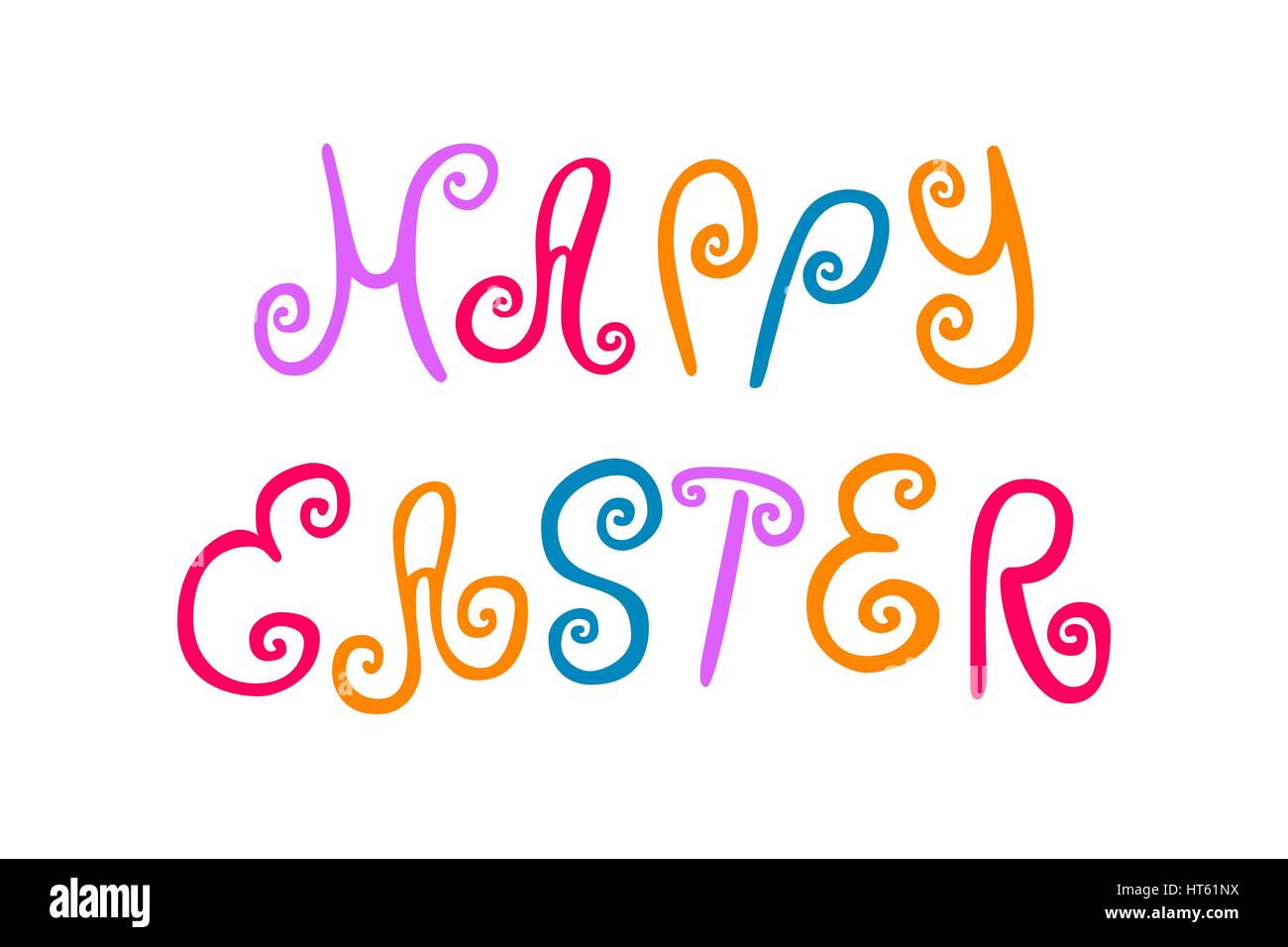 Felice Pasqua card con riccioli e volute. Sfondo tipografici divertente con lettere. Disegnato a mano scritte colorate per biglietti di auguri, template, poste Illustrazione Vettoriale