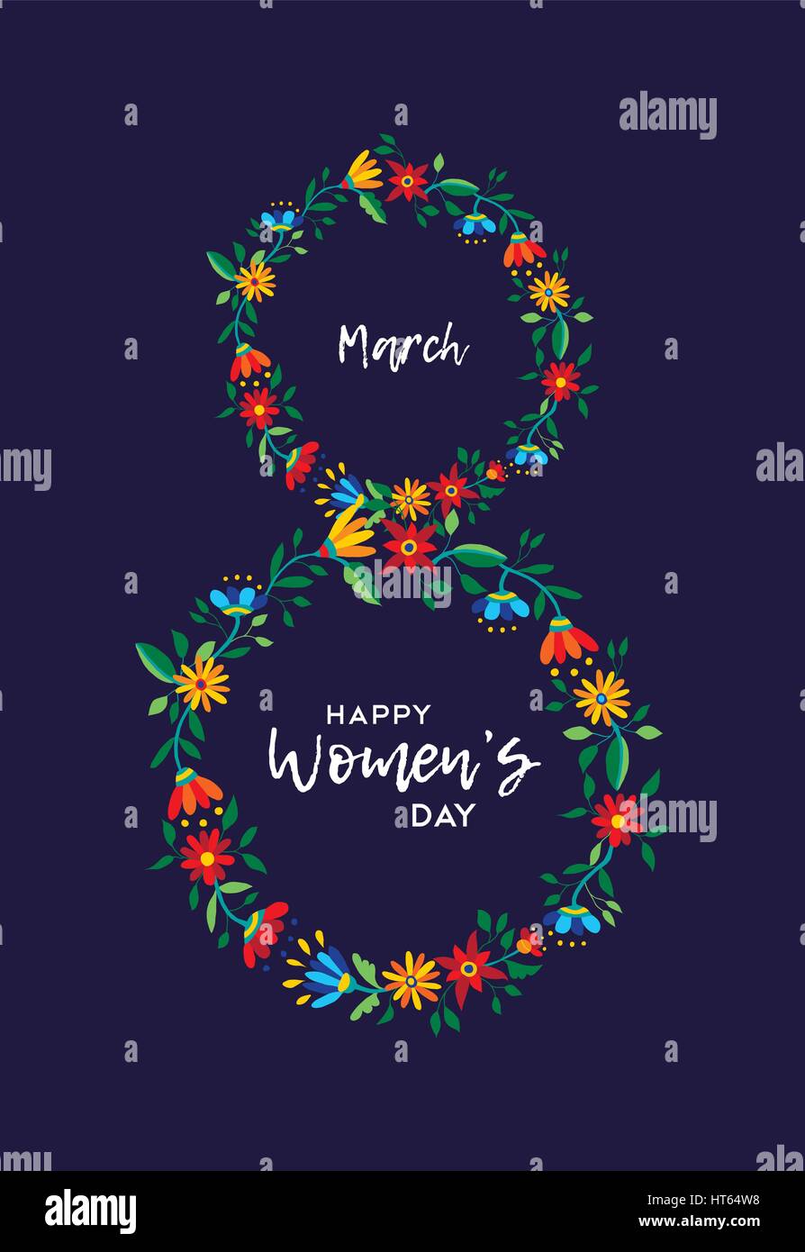 Felice per la Giornata internazionale della donna dell 8 marzo modello di scheda. Ghirlanda di fiori illustrazione con la celebrazione del preventivo. EPS10 vettore. Illustrazione Vettoriale