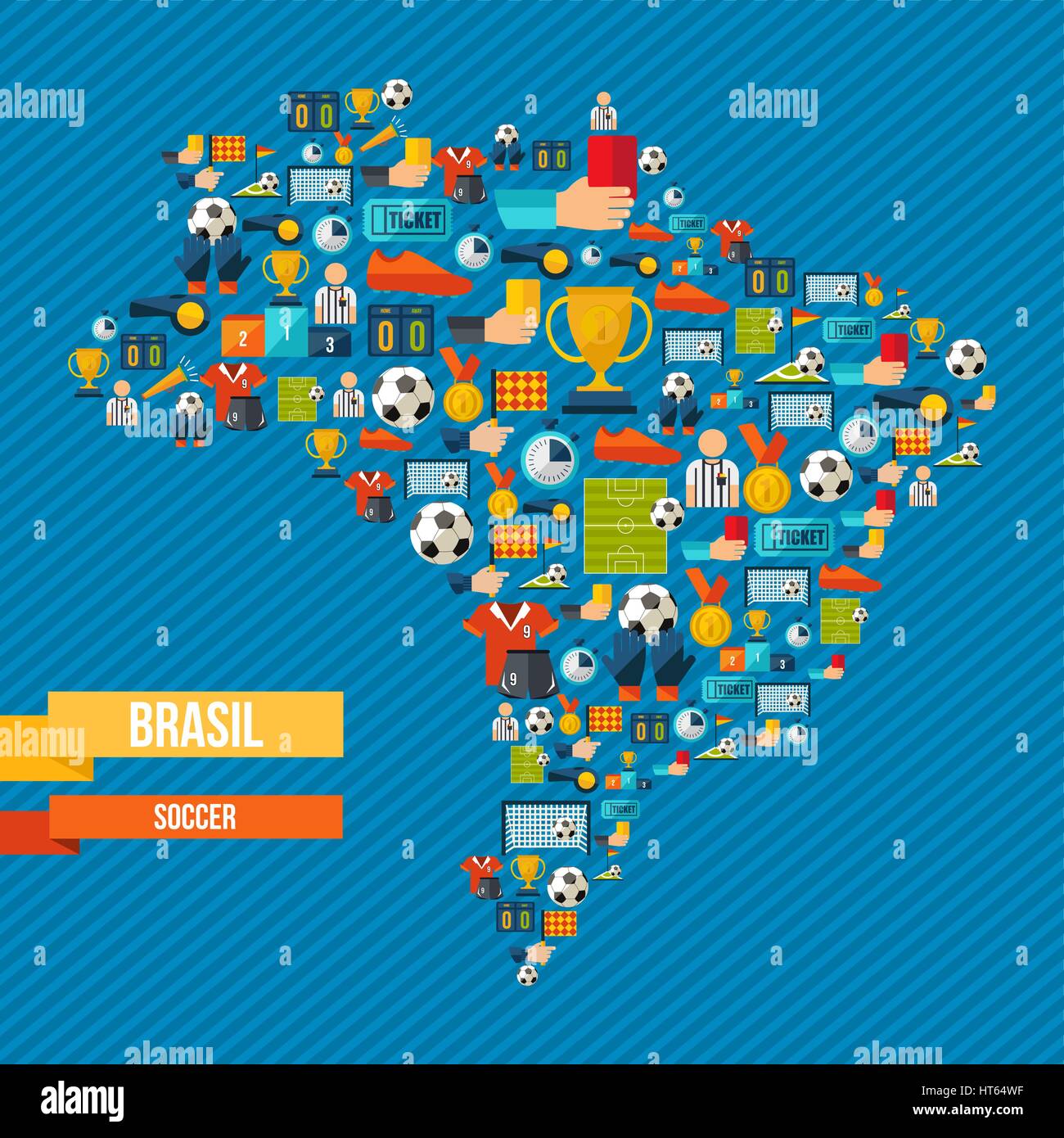 Brasile calcio cultura icone nella mappa del paese. Include elementi di sport per il gioco del calcio, palla, scarpe, champion cup e altro ancora. EPS10 vettore. Illustrazione Vettoriale
