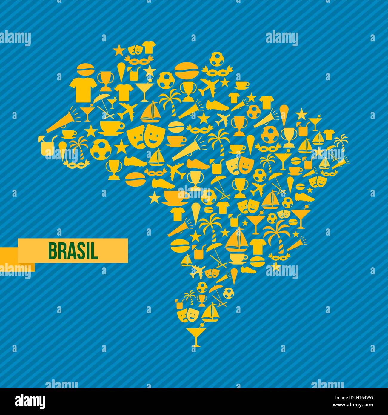 Il Brasile cultura icone nella mappa del paese forma. Include elementi di sport per il gioco del calcio, il carnevale di Rio e decorazione di spiaggia. EPS10 vettore. Illustrazione Vettoriale