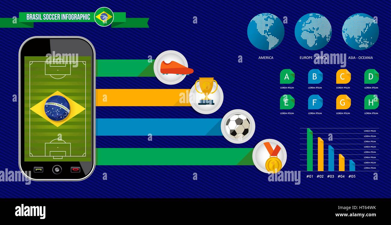 Brasile calcio Una infografica con modello di telefono per il gioco del calcio informazione sociale. Include elenchi organizzati, le icone e le statistiche. EPS10 vettore. Illustrazione Vettoriale