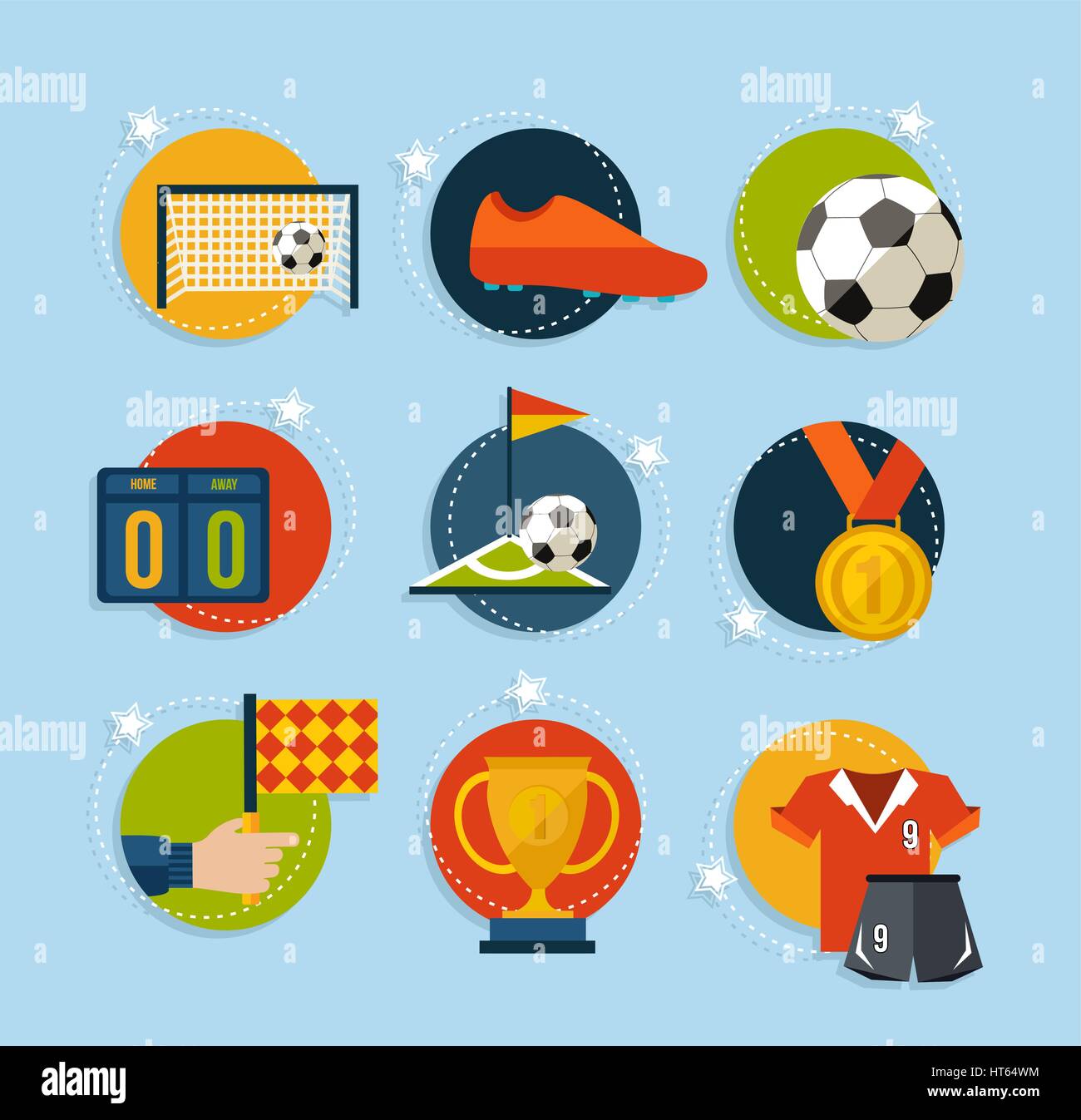 Calcio piatto di coltura icon set. Include elementi di sport per il gioco del calcio, palla, scarpe, champion cup e altro ancora. EPS10 vettore. Illustrazione Vettoriale