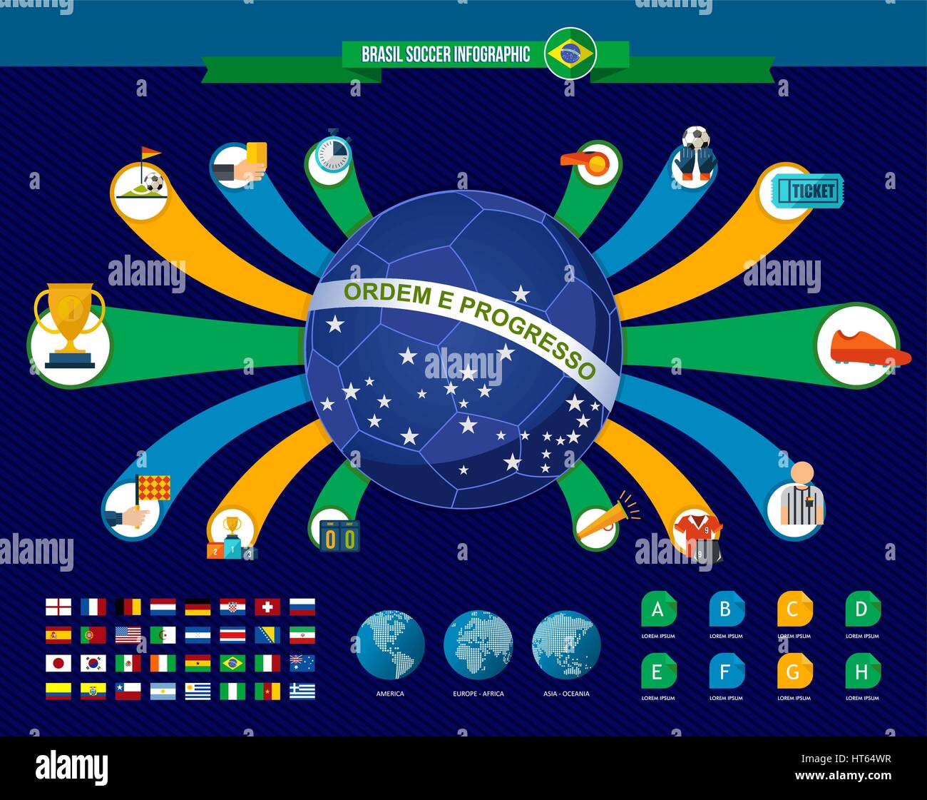 Brasile calcio modello infografico per la partita di football tournament. Include il paese organizzato elenco, icone e squadre. EPS10 vettore. Illustrazione Vettoriale