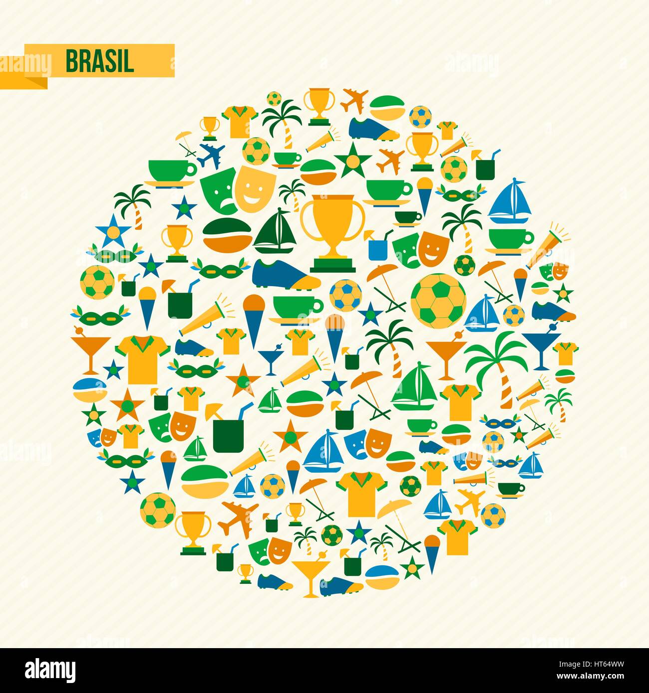 Il Brasile cultura icone nel paese tradizionale di colori. Include elementi di sport per il gioco del calcio, il carnevale di Rio e decorazione di spiaggia. EPS10 vettore. Illustrazione Vettoriale
