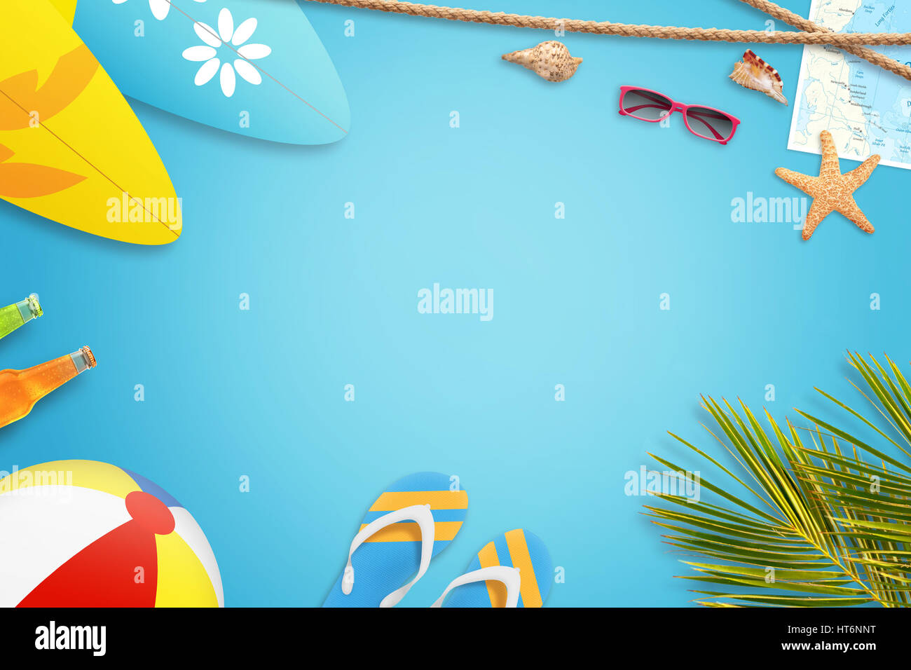 La vacanza estiva concetto. Sfondo blu con spazio libero per il testo. Viaggi a destinazione tropicale. Foto Stock