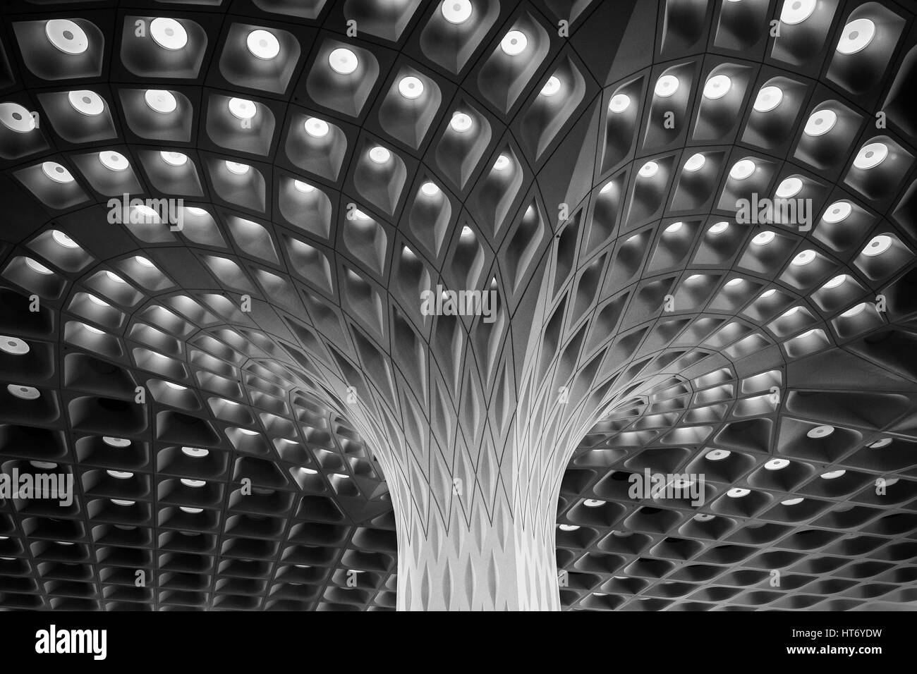 MUMBAI, India - 13 novembre 2016: i pilastri e il soffitto dell'aeroporto di Mumbai si combinano per creare una curva struttura astratta con contrasto elevato e Foto Stock