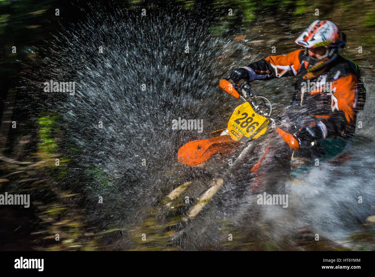 Il motocross sopportare racer passa attraverso il fiume Foto Stock