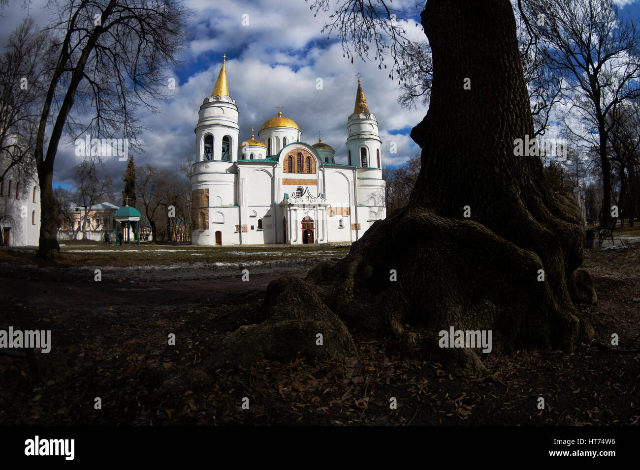 La trasfigurazione della Cattedrale di Chernigiv nel giorno di primavera, cielo nuvoloso, con il vecchio albero, Marzo, Ucraina Foto Stock