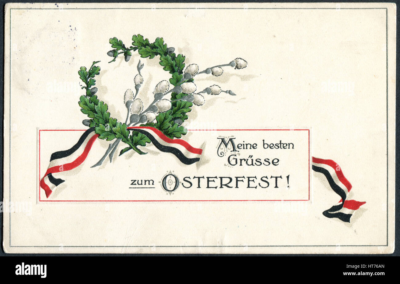 Germania - circa 1915: una cartolina A Stampato in Germania, mostra una corona di quercia e i rami di salici. Iscrizione in tedesco: Buona Pasqua, circa 1915 Foto Stock