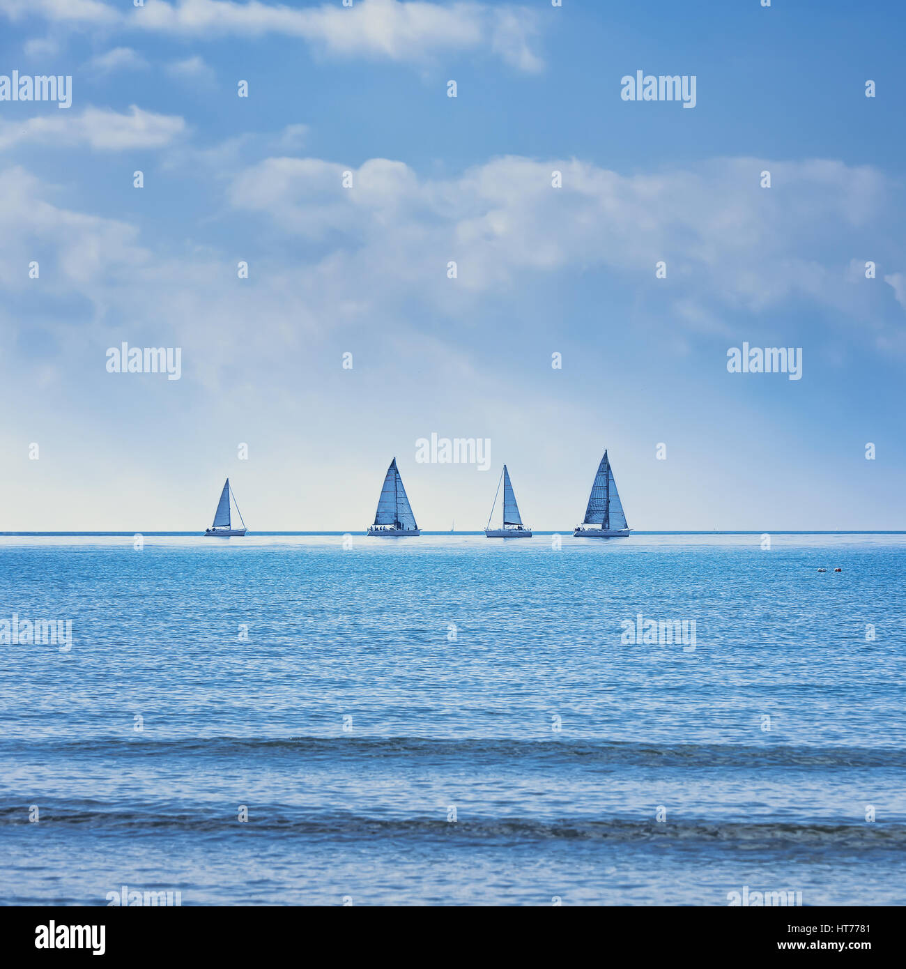 Barca a vela yacht o barca a vela regata di gruppo in gara su mare o acqua oceanica. Vista panoramica. Foto Stock
