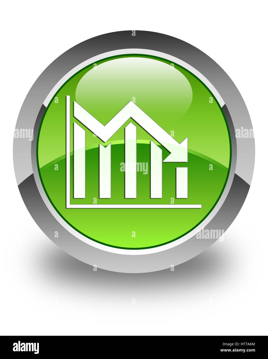 Statistiche icona giù isolati su carta lucida verde pulsante rotondo illustrazione astratta Foto Stock