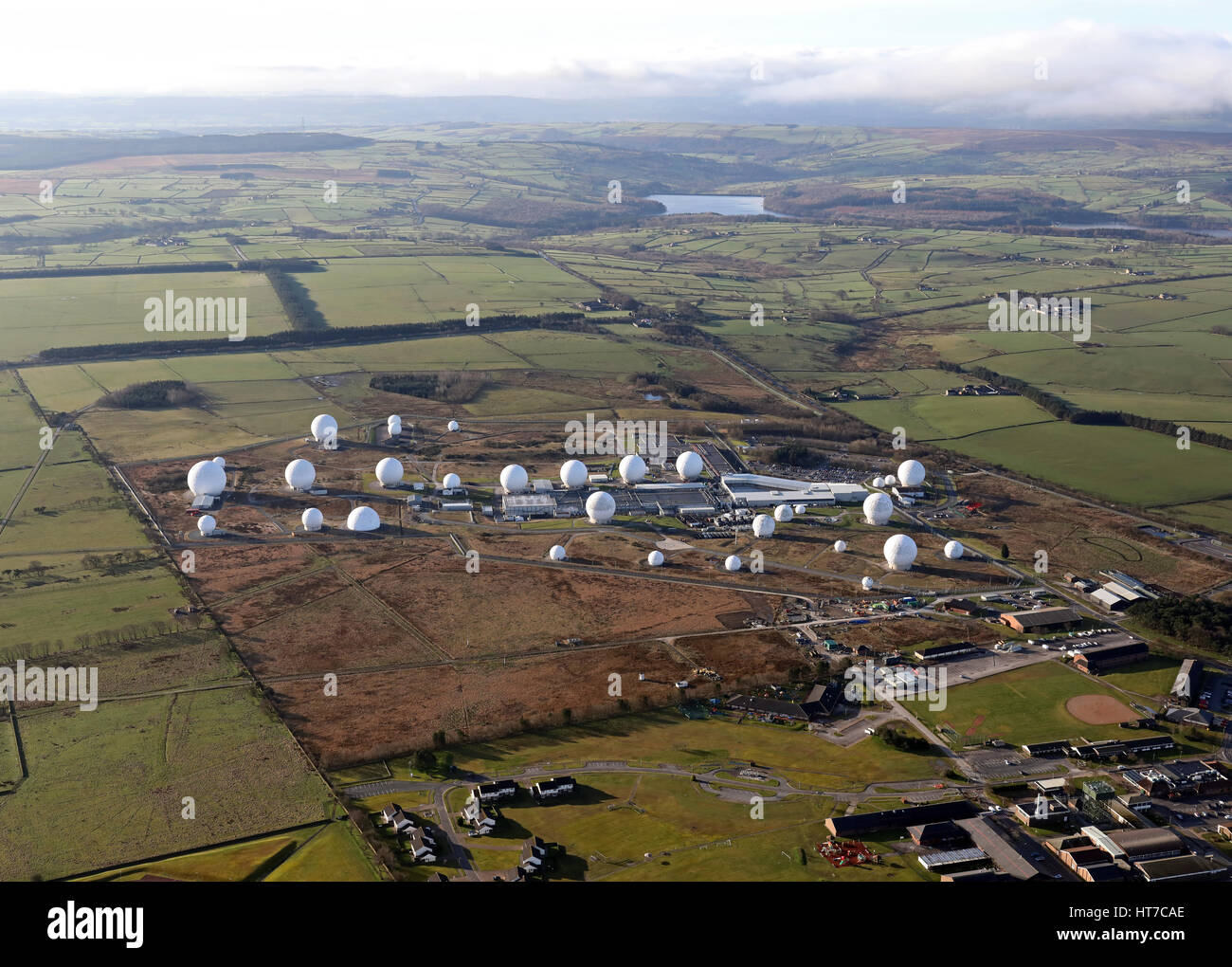 Vista aerea della base USAF di Menwith Hill, Regno Unito Foto Stock