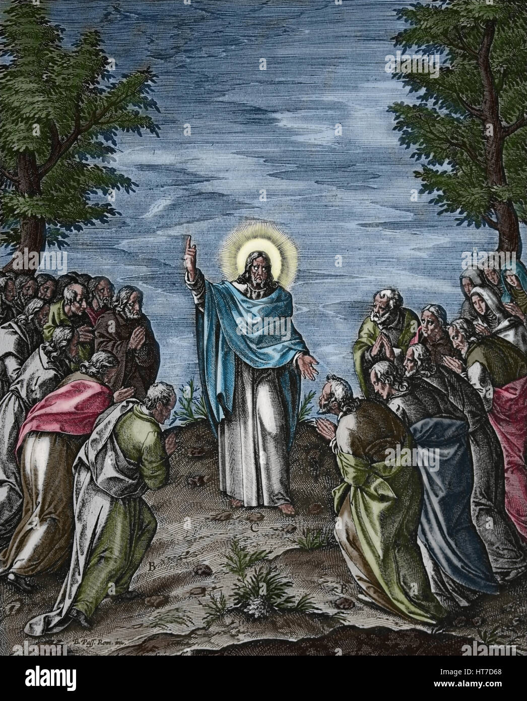 Crist appare sul monte Tabor (Trasfigurazione). Vangelo illustrazione di Jerome Nadal (1507-1580). Incisione di colorazione più tardi. Foto Stock