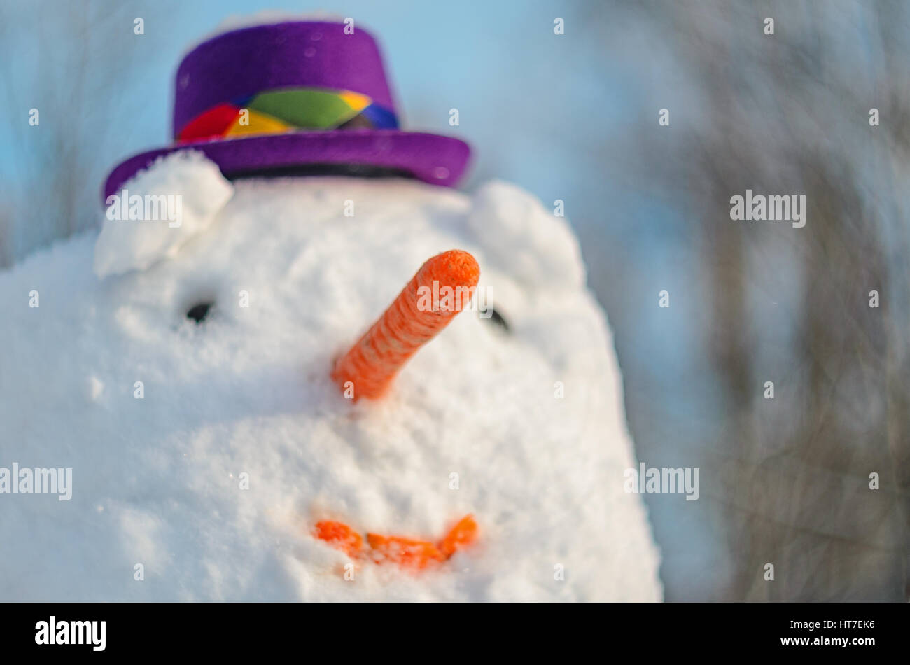 Pupazzo di neve Blured ritratto in colorate hat. Pupazzo di neve il naso nel fuoco. Foto Stock
