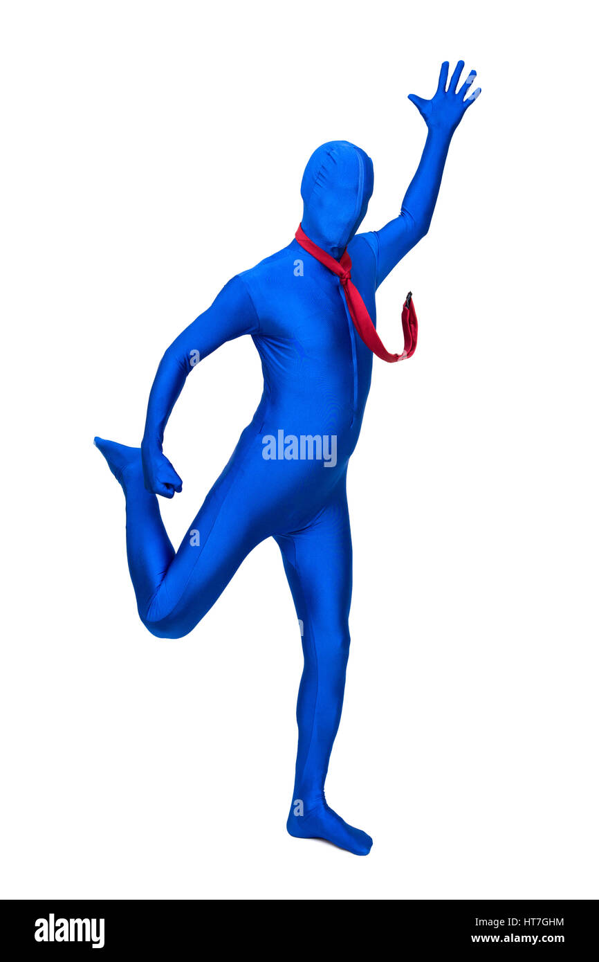 Blu misterioso uomo in costume con una cravatta rossa intorno al collo isolato sul bianco Foto Stock