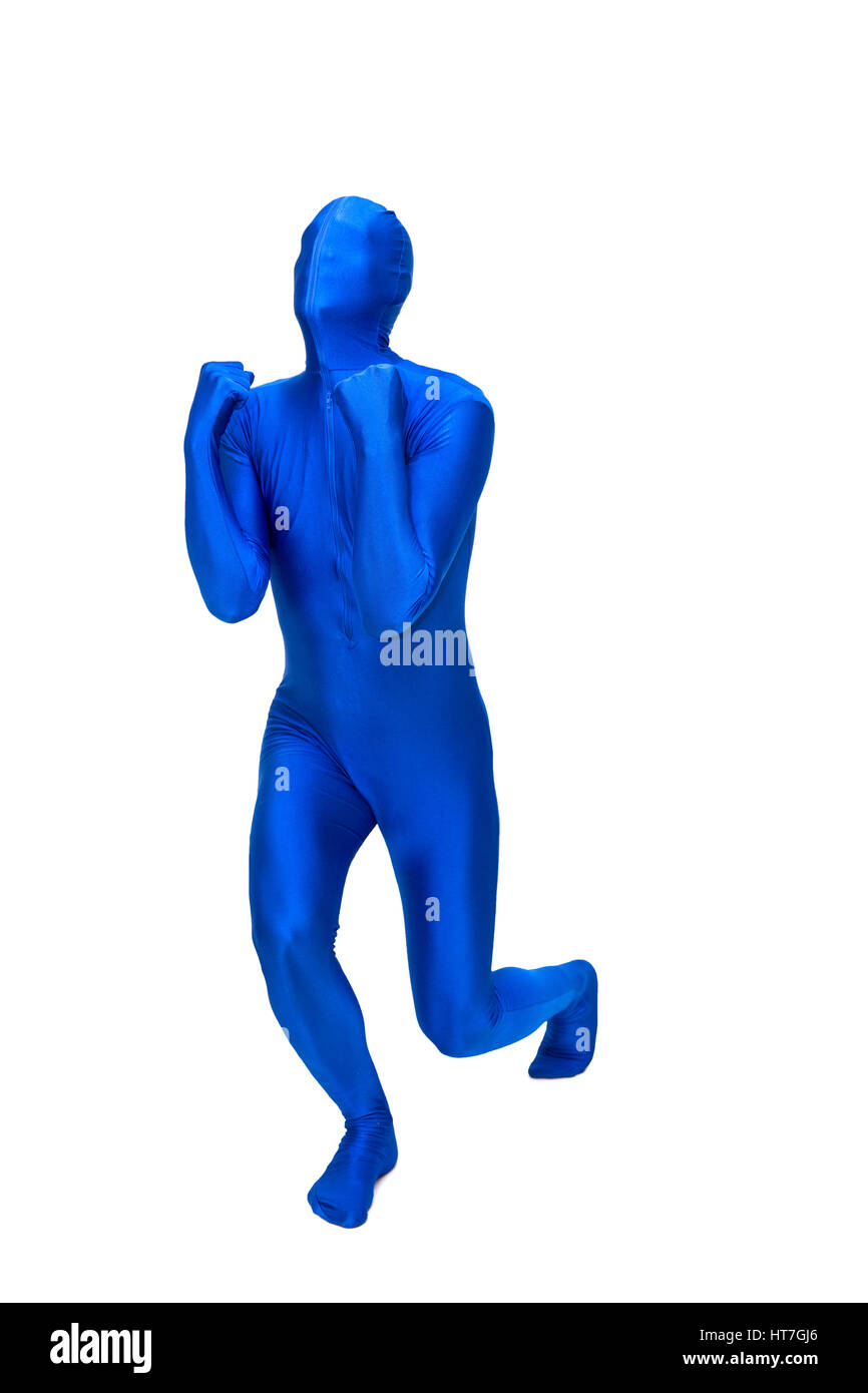 Misterioso uomo blu in costume gioire Foto Stock