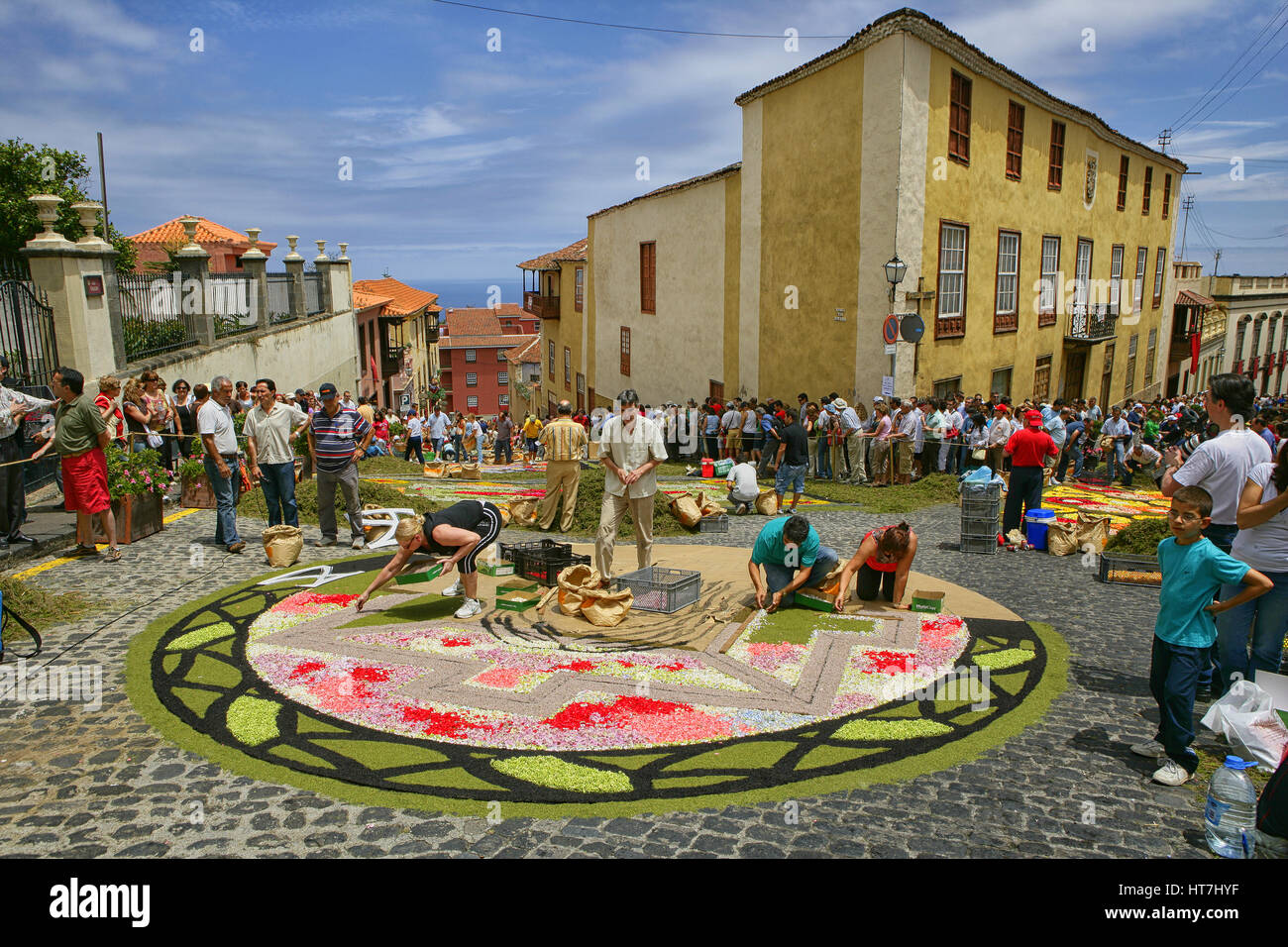 Decorare la strada con tappeto di fiori durante la festa del Corpus Christi Celebrazioni in La Orotava Tenerife Foto Stock