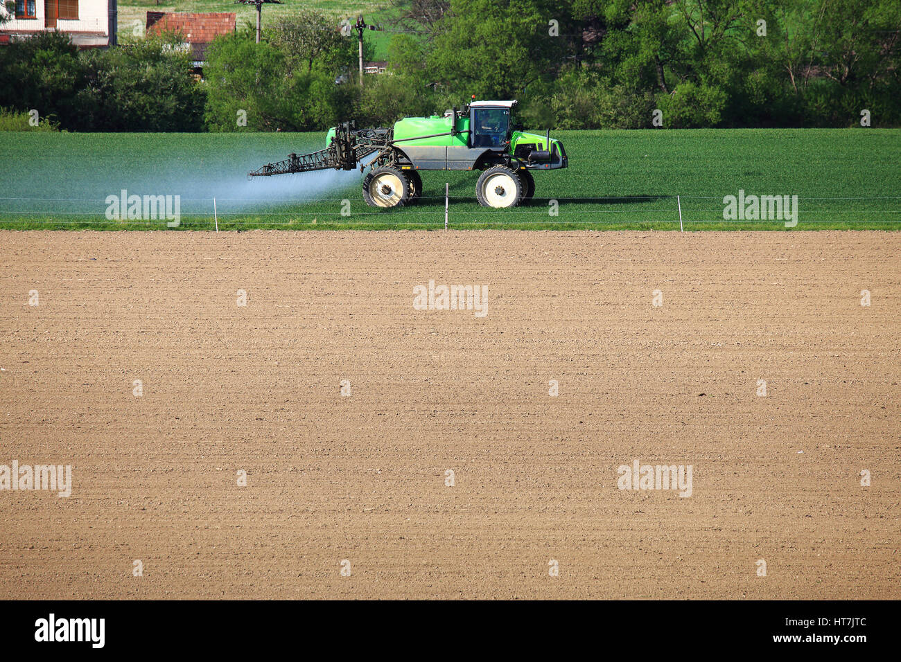 Trattore verde sul campo. Il trattore fertilizzano il verde campo di grano. Il trattore spraing acqua su colture. Spazio libero per il testo sul suolo marrone dello sfondo. La molla agr Foto Stock