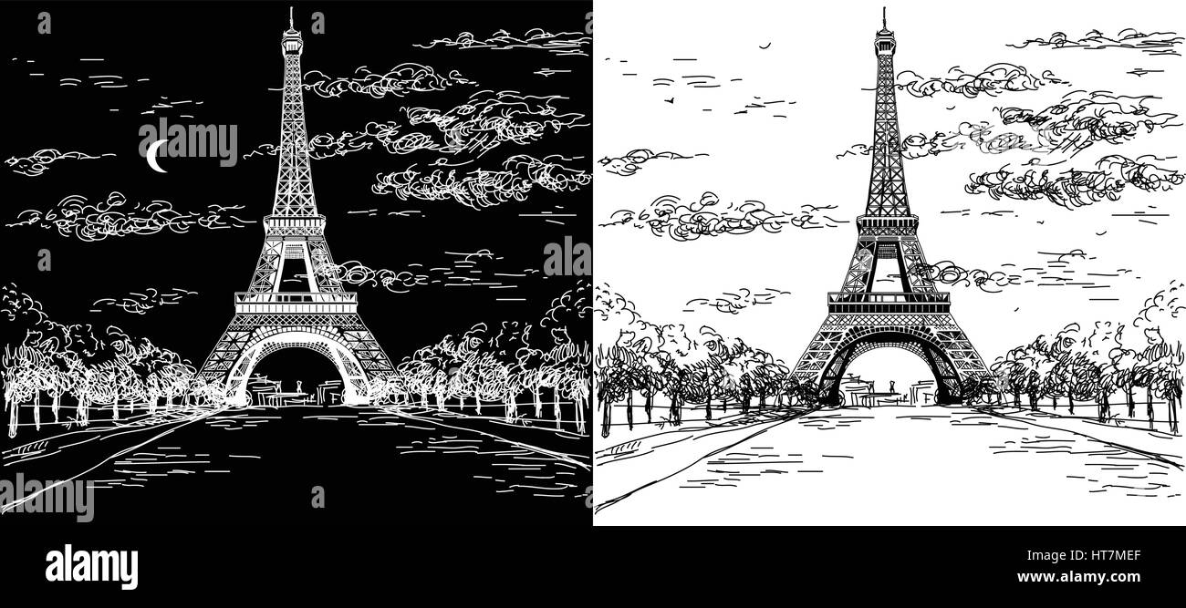 Notte e giorno Paesaggio con torre Eiffel in bianco e nero i colori del disegno a mano illustrazione Illustrazione Vettoriale