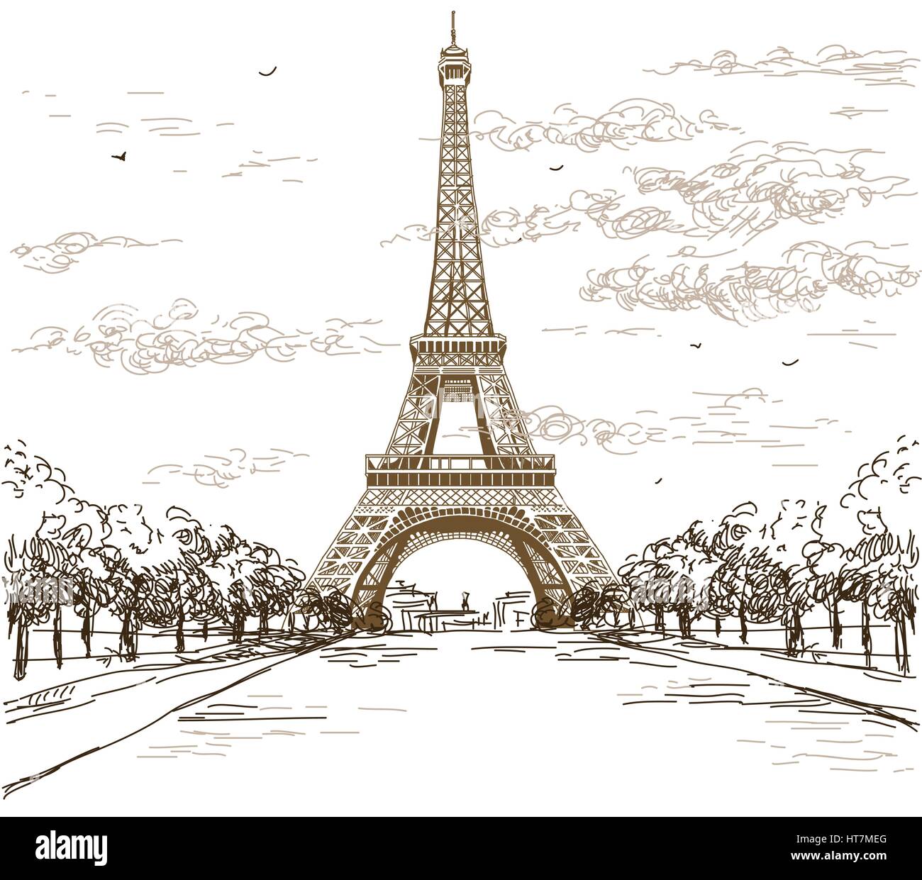 Paesaggio Con Torre Eiffel Nei Colori Bianco E Nero Su Sfondo Grigio Vettore Di Disegno A Mano Illustrazione Immagine E Vettoriale Alamy