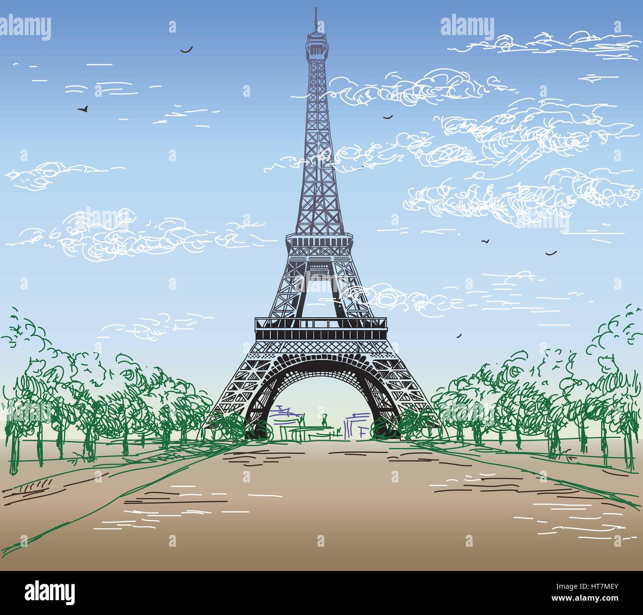 Paesaggio Colorato Con Disegno A Mano Torre Eiffel Illustrazione Vettoriale Immagine E Vettoriale Alamy