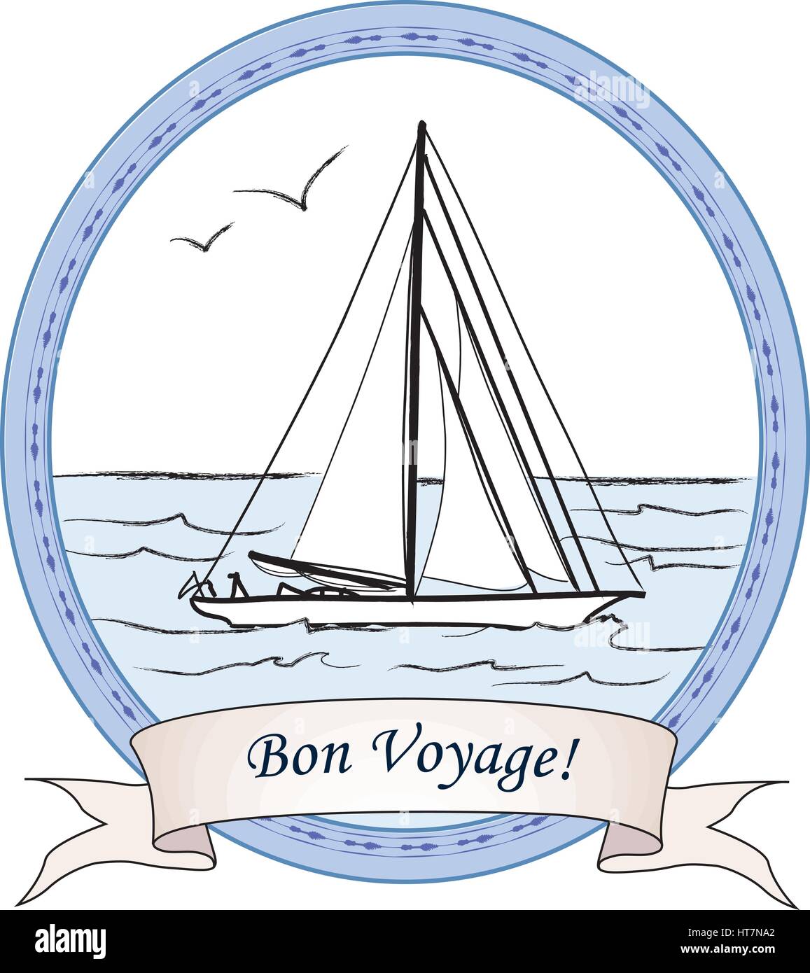 Bon voyage vintage travel card. yacht in ocean banner. nautico icona mare. illustrazione vettoriale schizzo della barca in mare. Illustrazione Vettoriale