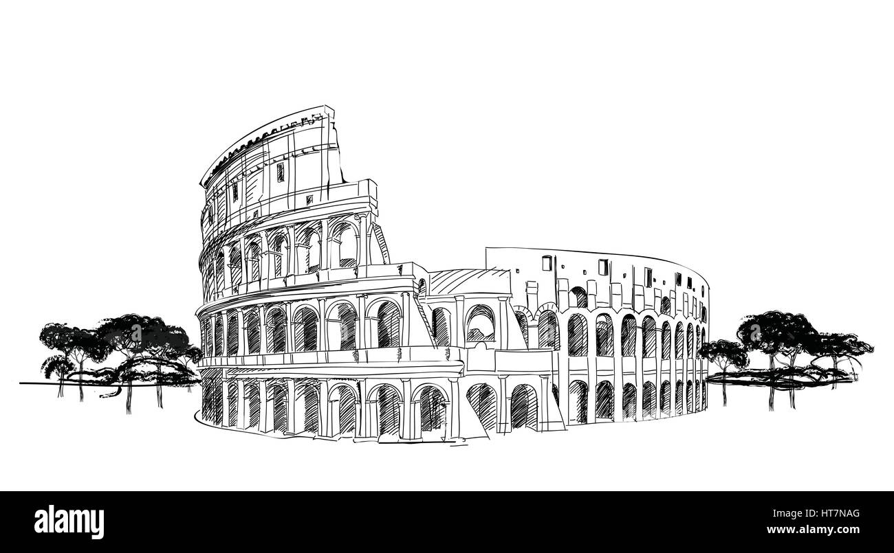 Colosseo a Roma Colosseo disegnati a mano illustrazione vettoriale isolate su sfondo bianco Illustrazione Vettoriale